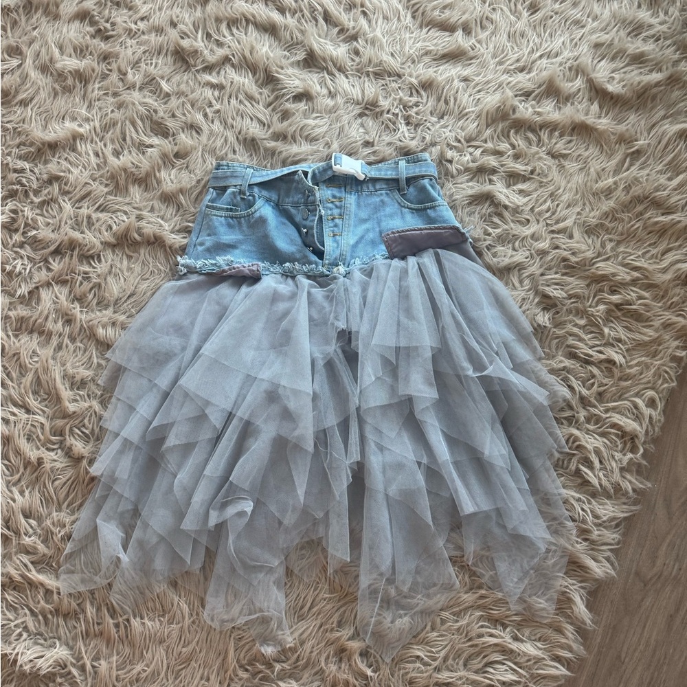 Denim and Gray Tulle Layered Skirt